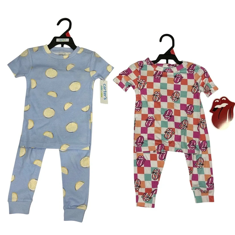 Carter's & Rolling Stones Toddler Pajama Sets 2T Blue Lemon Checkered 2 Pack New